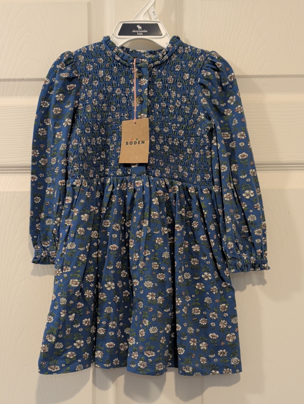 Mini Boden Blue Floral Smocked Bodice Long-Sleeve Girls' Dress NWT